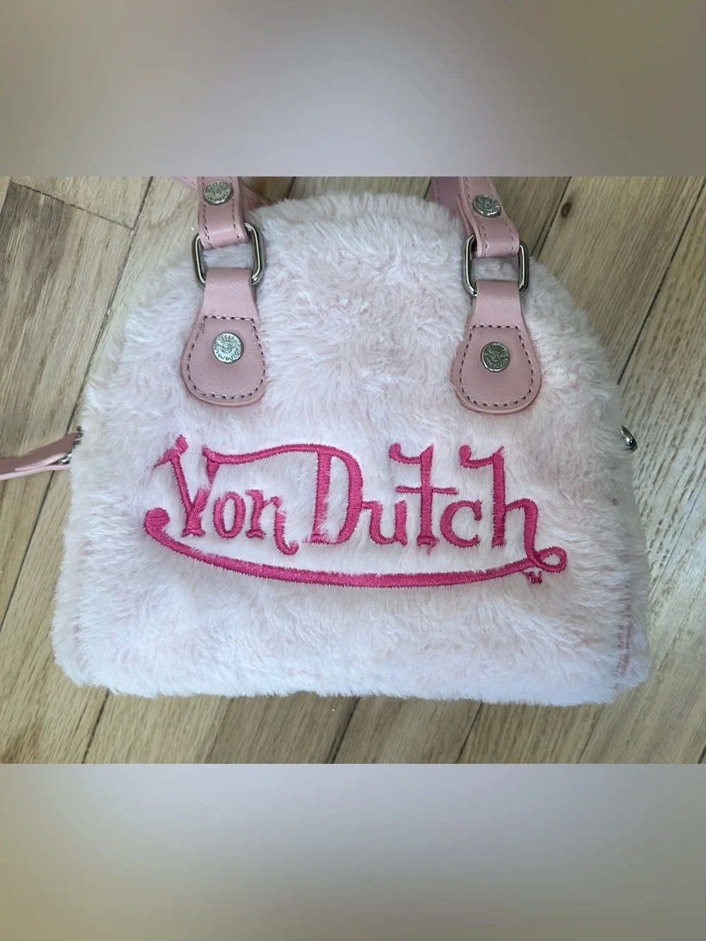 Von Dutch Furry Light Pink with Hot Pink Lettering Bowling Bag Purse - Picture 2 of 12